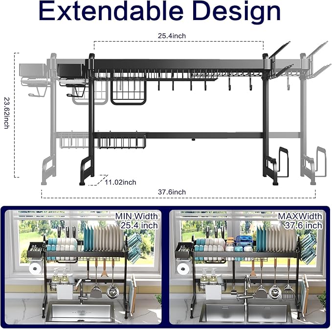 LIVOD Over Sink Dish Drainer Drying Rack, 2 Tier Full Stainless Steel Storage Adjustable Length Kitchen Rack, Multifunctional Expandable Counter Organizer, Space Saver Dish Rack