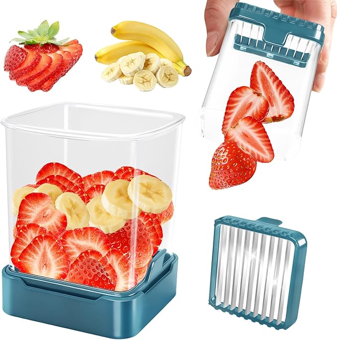 Fruit Slicer Cup for Strawberry, Banana, Hard-Boiled Egg - Detachable Cutter with Push Plate - Rapid & Safe Slicing Kitchen Gadget for Quick Meal Prep (Blackish green)