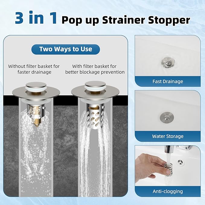 iFealClear All Metal Bathroom Sink Stopper, Pop Up Sink Drain Strainer with Removable Stainless Steel Filter Basket, Universal for 1.1"-2.36" US Sink, Brass Bounce Core, Hair Catcher, Brushed Nickel
