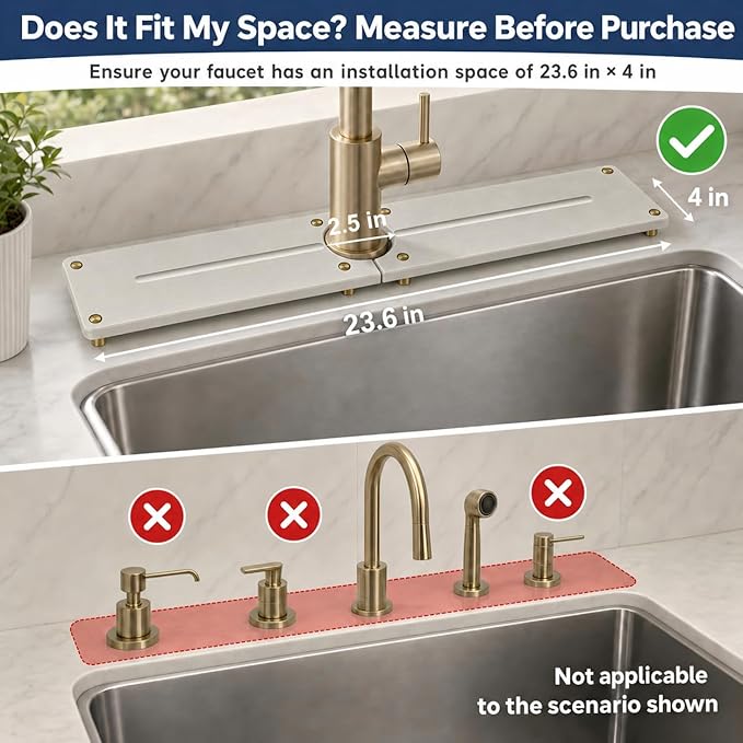 Stone Faucet Mat for Kitchen Sink, Water Absorbing Sink Tray Organizer for Bathroom Counter, Diatomite Soap Dish Coaster Caddy Riser, Sponge Holder Dispenser Mat, Gold Beige, 23.6" x 4"