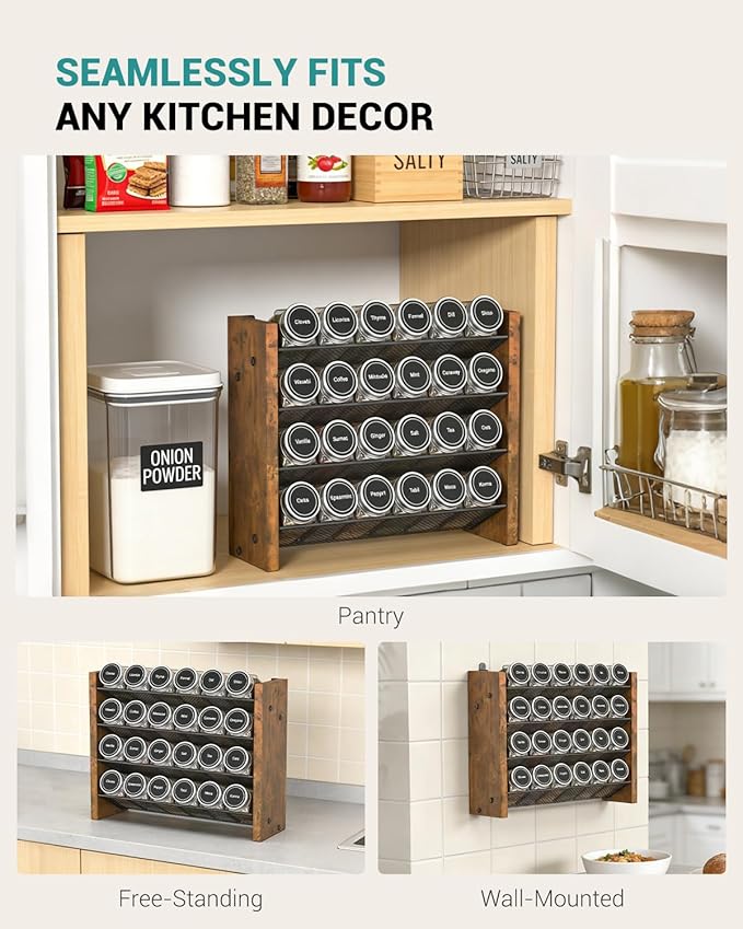 NESAPTO Spice Rack Organizer for Cabinet, Wood 4-Tier Vertical Seasoning Organizer, Wall Mount or Countertop Spice Shelf, Holds 24 Jars (No Jars Included), 12.2" W x 9.4" H
