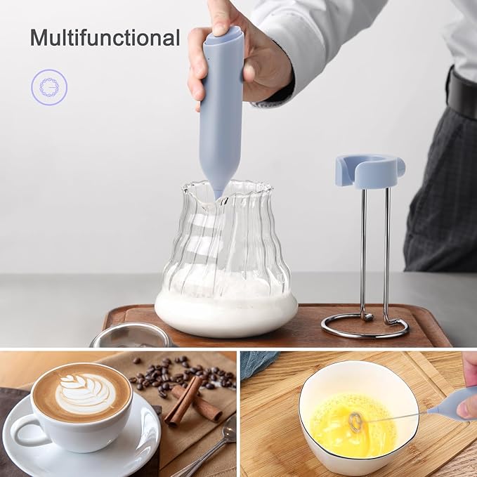 Rechargeable Coffee Frother by ELMWAY, Electric Milk Frother with Charging Stand & Wall Mount, Handheld Drink Mixer, Foam Maker for Coffee, Matcha - Blue