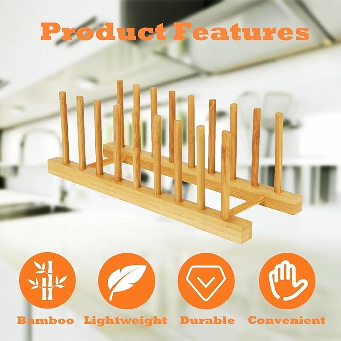 Bamboo Dish Drying Rack Kitchen Cabinet Organizer, Plate Pot Lid Organizer, Wooden Drying Rack Stand Drainer for Dish, Pots, Lids, Bowls, Cups, and Cutting Boards and Books (1PCS)