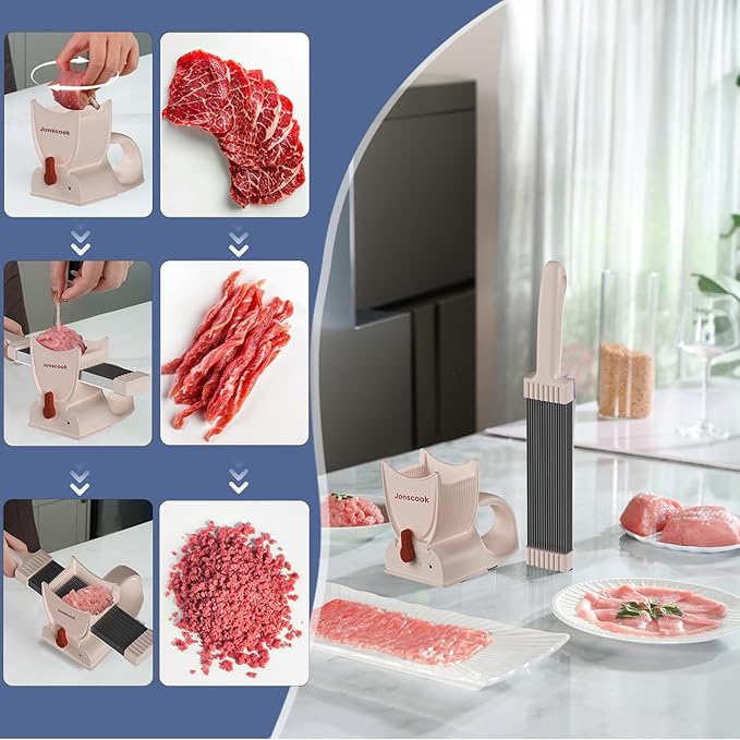 Fresh Meat Slicer with Steady Grip, Manual Fresh Meat Cutter, Meal Prep Ideas, Adjustable Thickness 2mm or 4mm, 17 Blades get 18 Meat Slices, Meat Cleavers can be Sliced, Striped, Diced -Pink