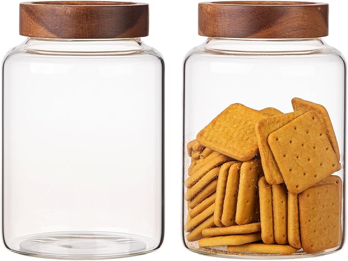 2 PCS Large Glass Jars with Wooden Airtight Lid 60 oz /1800ml,Clear Ground Coffee Bean Storage Canister with Screw Lid Glass Food Contianer for Pantry Sugar Tea Spice Cookies Salts (1800ml/60oz-2PACK)