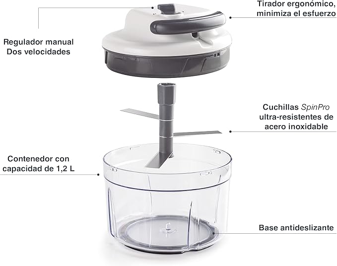 Lacor - 60599 - Affilato Handy Slicer, Food Chopper with Stainless Steel Blades, BPA-Free, 2 Speeds, 1.2 L