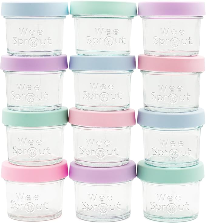 WeeSprout Glass Baby Food Storage Jars with Silicone Lids (4 oz, 12 Pack Set) Snack, Puree, Reusable Small Containers, Breast Milk, Fridge or Freezer, Essential Must Have for Infants