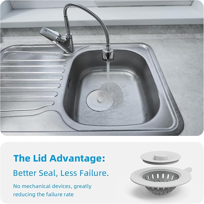 4 Pack Silicone Kitchen Sink Drain Catcher with Lid, 4.4" Top / 3" Mesh Basket, Grey Strainers for 3.1–3.9 Inch Openings, Anti-Clog Reusable Sink Stopper Covers, Odor-Proof & Easy to Clean