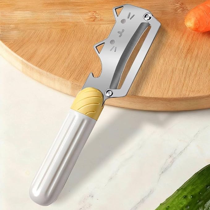 Multifunctional Vegetable Peeler, 2 in 1 Stainless Steel Peeler, Ultra-Sharp Stainless Steel Blade with Wooden Handle and Bottle Opener for Vegetables or Fruits, Kitchen Tool (Cute*2)