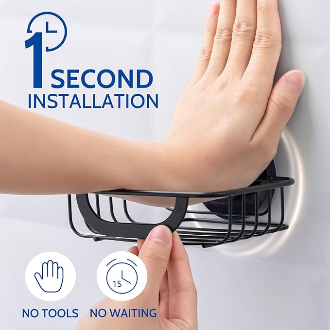 Soap Dish, Soap Bar Holder for Shower Suction Cup with 4 Hooks Wall Mounted, Stainless Steel No-Drilling Removable Waterproof Sponge Holder for Bathroom Bathtub Kitchen Sink, Black
