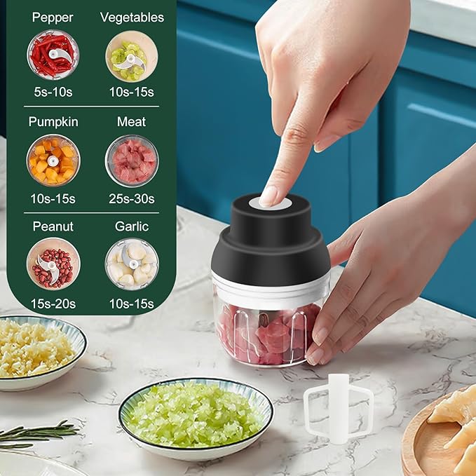 Electric Garlic Chopper, 250ML Garlic Mincer with Egg Beater, Mini Portable Vegetable Chopper, Onion Grinder Masher, USB Small Food Processor for Veggie, Garlic, Ginger, Chili(Black)