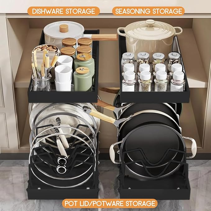 XIAPIA 2 Pack Pull Out Pots and Pans Organizer Under Kitchen Cabinet, Pot Lid Organizers, Slide Out Cookware Storage Rack with 8 Adjustable Dividers, Pull Out Shelves for Dishware Seasoning, Black