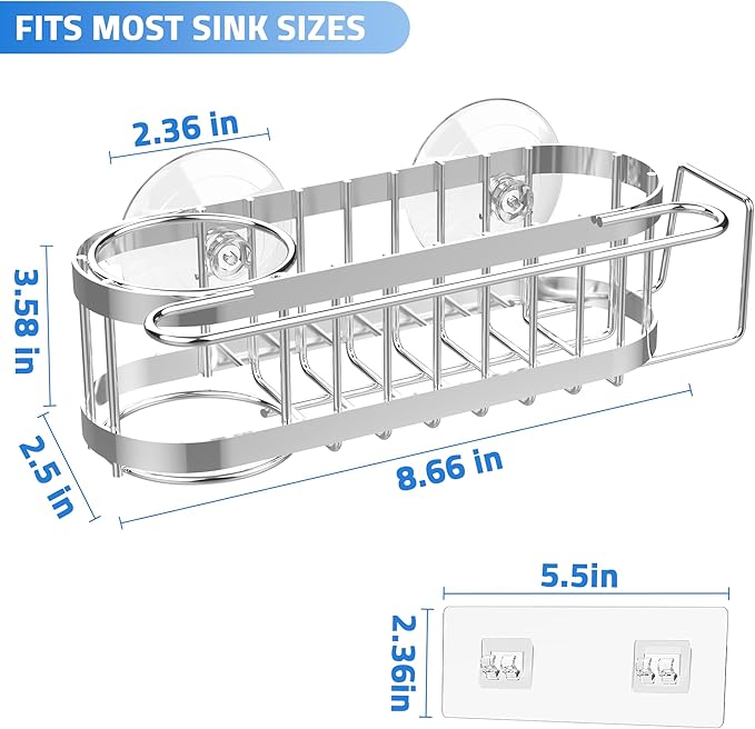 Cisily Kitchen Sink Caddy Sponge Holder in The Sink, Stainless Steel Kitchen Sink Organizer, Brush Holder, Dish Cloth Hanger, Sink Stopper Holder (Suction cup-Silver)