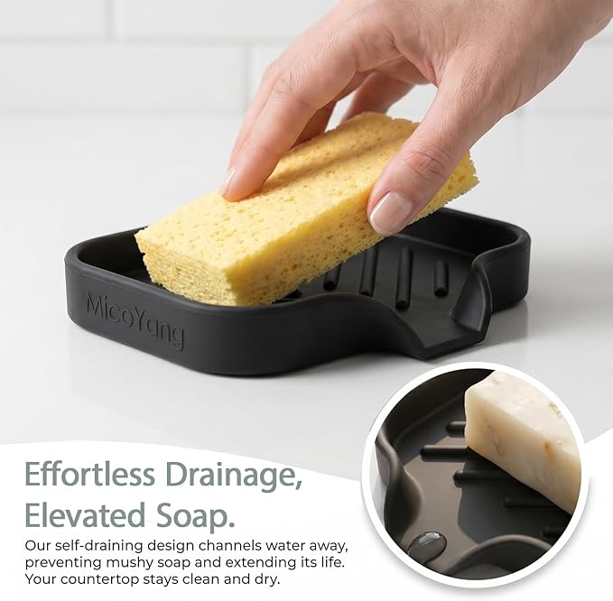 MicoYang Silicone Soap Dish with Drain Spout, Self-Draining Sink Organizer Tray for Bathroom and Kitchen, Sponges, Dispensers and Soap Holder, Non-Slip and Dishwasher Safe, Black (Compact, 4.9"×3.2")