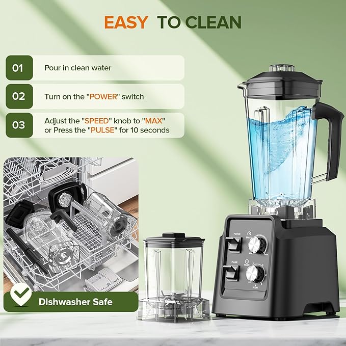 Blender, 1800W Blender with Grinder - 6-Blade Professional Smoothie Blenders for Kitchen, Crushes Ice, Self-Cleaning, 68oz & 20oz Jars Dishwasher Safe, for Baby Food, Nut Butter