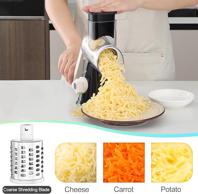 Ourokhome Rotary Cheese Grater Hand Crank, Kitchen Shredder Speed Mandolin Slicer Nuts Grinder with Handle and Drum Blades for Cheese, Vegetable, Walnut, Chocolate, Potato, Carrot, 3 Blades, Black