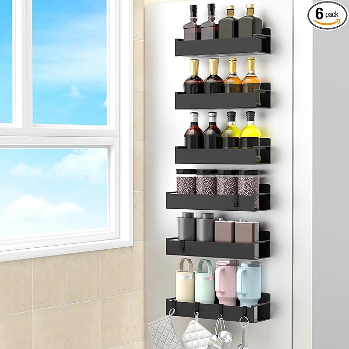 HuggieGems 6 Pack Magnetic Spice Rack Organizer for Refrigerator and Oven, Black Fridge Organizers and Storage for Kitchen