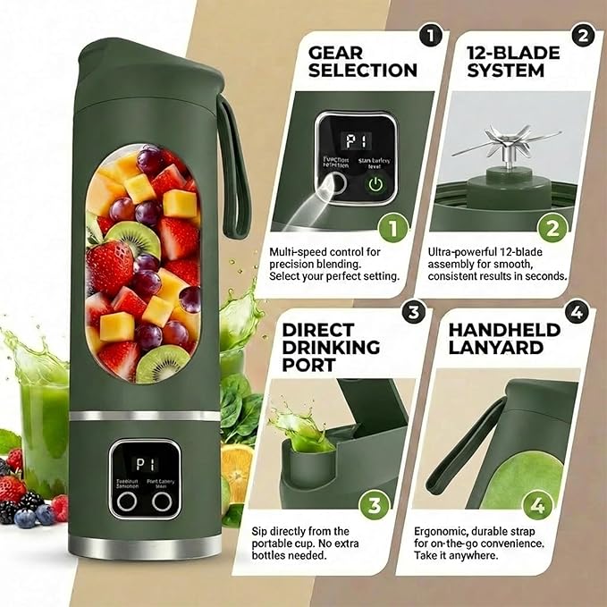 Portable Personal Electric Blender，500ML Portable Shakes and Smoothies Blender，12 Blades USB Rechargeable Small Blenders、Mixing、Compact、Convenient and Versatile (Green)
