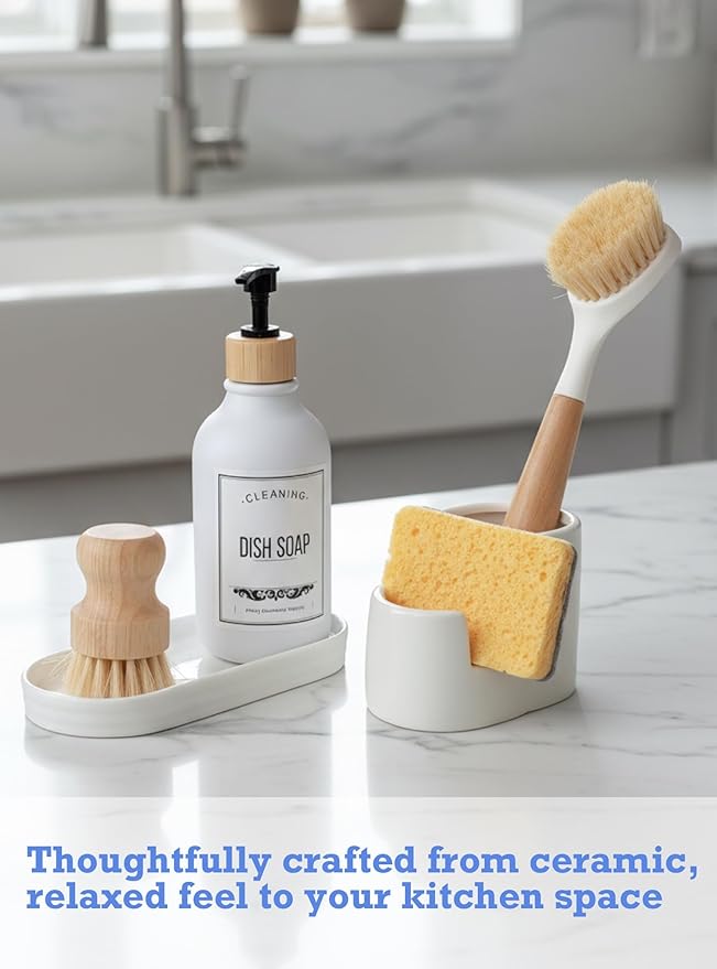 Ceramic Sponge Holder for Kitchen Sink, 2-in-1 Sponge & Brush Organizer, Compact Sink Caddy with Raised Edge to Catch Drips, Keeps Countertops Dry, Dishwasher Safe, Rustproof, White