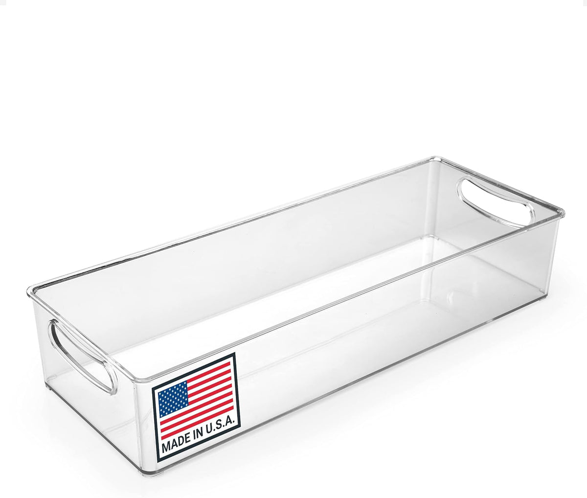 Clear Refrigerator Organizer Bin with Handles — 15 Inch Stackable Fridge and Pantry Storage Container for Snacks, Produce, Cans, Yogurt, Condiments, Dishwasher and Freezer Safe, Made in USA