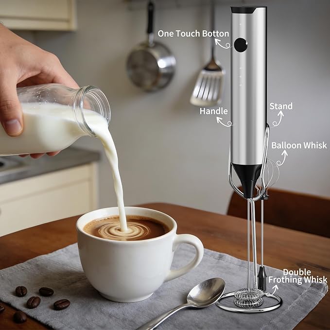 Rechargeable Handheld Milk Frother for Coffee, Hand Frother with Stand, Drink Mixer Frother Wand Electric Whisk Stirrer for Latte, Matcha, Cappuccino, Hot Chocolate (Stainless Steel)