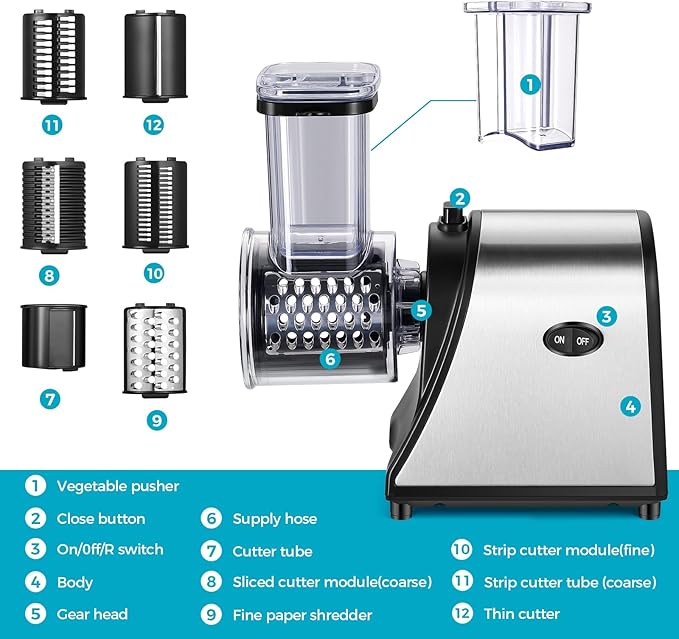 Electric Cheese Grater, 250W Electric Slicer Shredder, One-Touch Control Electric Salad Machine for Cheese, Fruits, Vegetables, Salad Maker with 5 Different Shapes of Blades, 2026 Upgrade