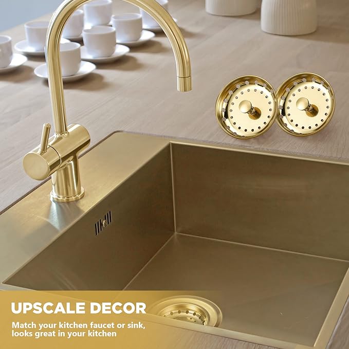 Retisee 2 Pcs Kitchen Sink Stopper Strainer Stainless Steel Drain Strainers for Universal 3-1/2 Inch Kitchen Sink Drain Replacement(Gold)