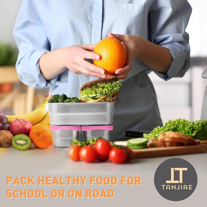 Tanjiae Small Stainless Steel Lunch Containers for Kids | Leak Proof BPA Free Snack Containers with Silicone Lids - Perfect Metal Snack Containers with Lids for School and Daycare (25oz+8oz*2)