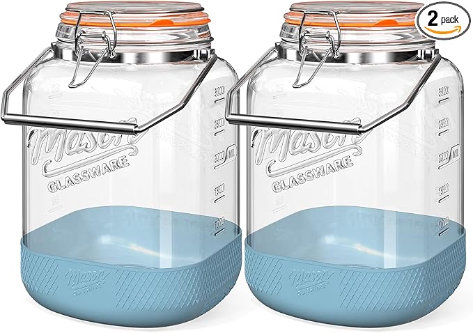 2 Pack Square 1 Gallon Glass Jar with Airtight Lid, Large Mason Jars Wide Mouth 128 Oz with Scale Marks & Handle, Glass Storage Containers with Anti-slip Base for Flour, Oat, Wheat, Cookie Jar