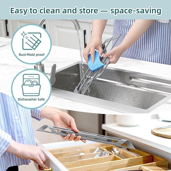 Ohuhu Triangle Roll Up Dish Drying Rack, Silicone Wrapped Steel Anti-Slip Sink Corner Rack Caddy Multipurpose Strainer for Kitchen Sink Trivet Space-Saving