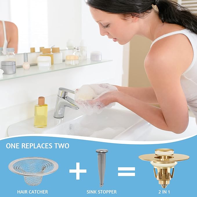 Gold Bathroom Sink Stopper – Pop Up Drain Stopper & Strainer, 2-in-1 Universal Sink Stopper, Compatible with 1.1" to 1.5" Bathroom Sink Drain Pipes, Gold Matte Brushed Finish