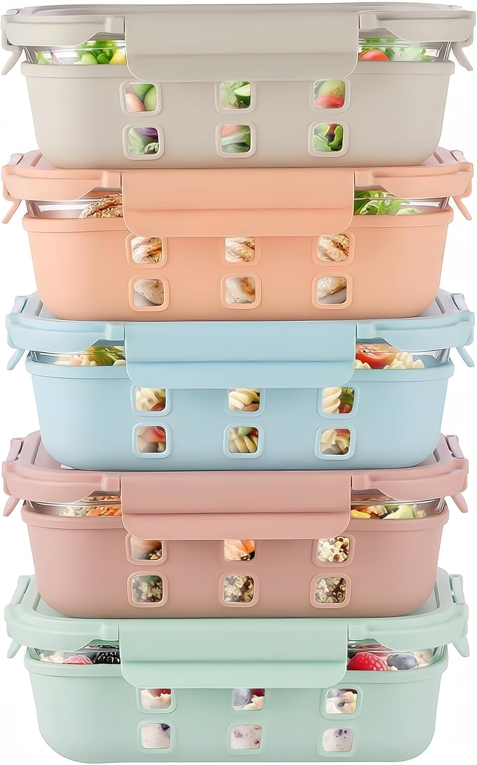 Glass Meal Prep Containers 5 Set, 4.4 Cup Airtight Leakproof Lids, Borosilicate Glass Food Storage Containers, Microwave Oven Freezer Safe, BPA Free Lunch Containers