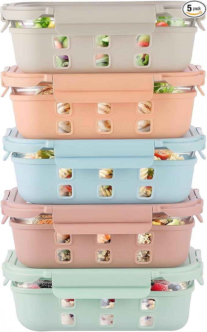 GENICOOK Glass Meal Prep Containers 5 Pack, 4.4 Cup Airtight Leakproof Lids, Borosilicate Glass Food Storage Containers, Microwave Oven Freezer Safe, BPA Free Lunch Containers