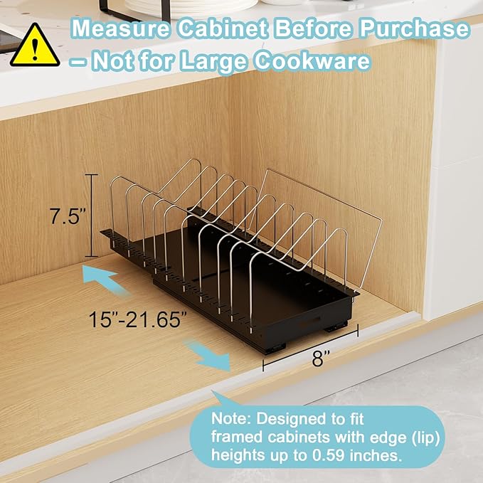 Golener Pots and Pans Organizer Under Cabinet - 22" Deep Expandable Pot Organizers inside Cabinet with 10 Adjustable Dividers &Handrail, No Drill Pot Lid Holder, Sliding Pot Lid Holder, 2 Packs