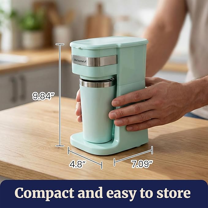 Elite Gourmet EHC113M Personal Single-Serve Compact Coffee Maker Brewer Includes 14Oz. Stainless Steel Interior Thermal Travel Mug, Compatible with Coffee Grounds, Reusable Filter, Mint