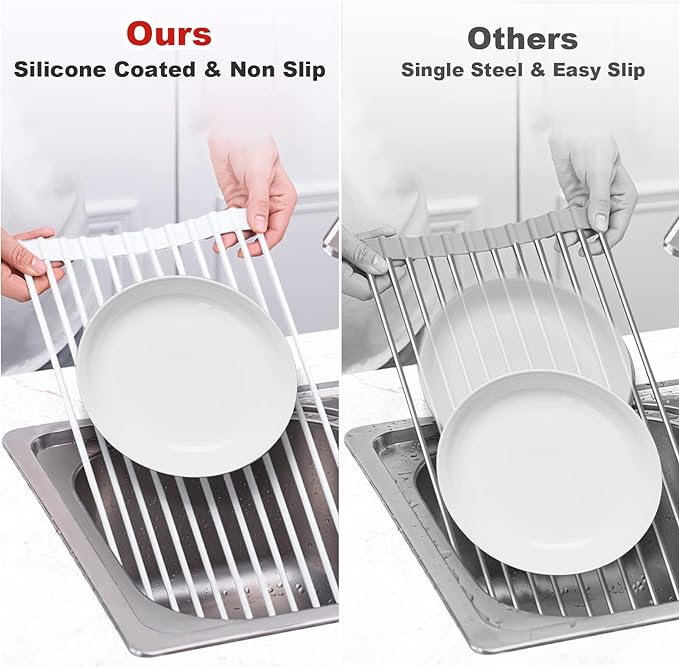 MERRYBOX Roll Up Dish Drying Rack, Silicone Wrapped Over The Sink Dish Rack Foldable Dish Drainer Anti-Slip Dish Racks for Kitchen Counter, Multipurpose Kitchen Sink Drying Rack, 18" x 13", White