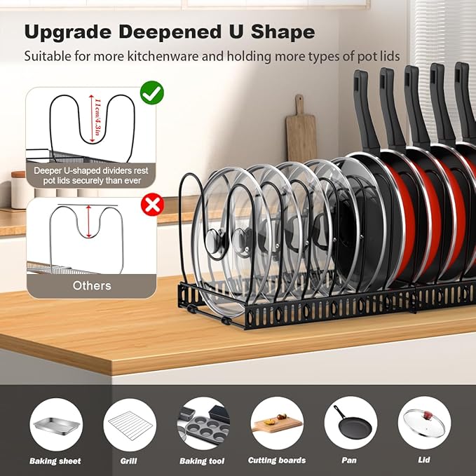 Housolution 2 Pack Pot and Pan Organizer, 12"-23" Expandable Pot Lid Organizer with 14 Adjustable Dividers, Pan Lid Holder Storage Rack for Cabinet, Black