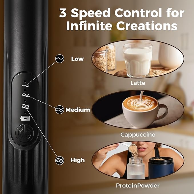 Milk Frother, 3-Speed Rechargeable Handheld Electric Foam Maker with USB-C, 2 Whisks for Coffee Latte Cappuccino, 304 Stainless Steel Drink Mixer for Hot Chocolate Matcha Protein Shakes (Black)