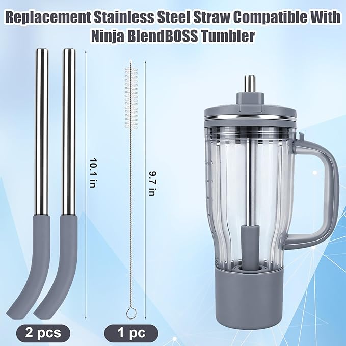 2Pcs Replacement Straw for Ninja BlendBOSS Personal Smoothie Blender Cup, Reusable Glass Straws Compatible With Ninja BlendBOSS Travel Tumbler (Grey)
