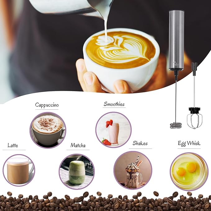 Rechargeable Milk Frother | Drink Mixer | Coffee Frother Handheld with USB-C Charging, stainless steel body, foam, stirrer for Milk, Coffee, matcha, cappuccino, latte, egg [SILVER]