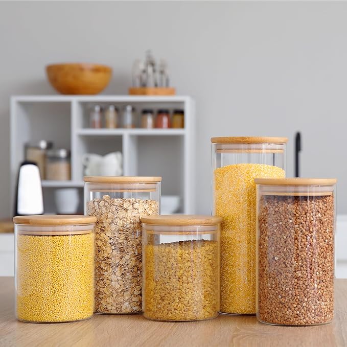 Qinyoung Glass Storage Jars with Wooden Lids, 4 Sizes Food Storage Containers Clear Stackable Canisters Airtight Glass Jars for Candy Cookie (Clear, Light Brown, 15oz 25oz 34oz 42oz, 36 Pcs)