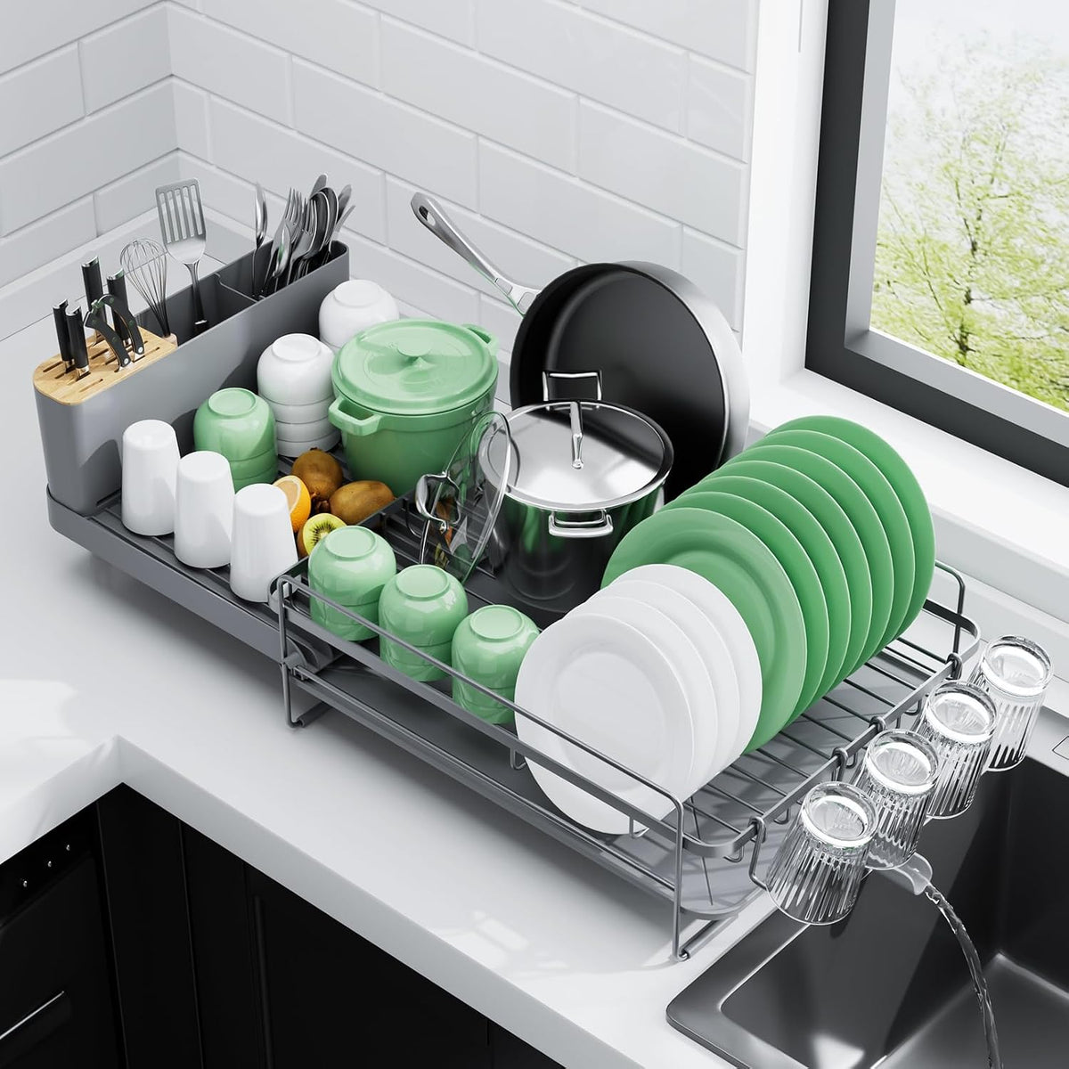 Extendable Large Dish Drying Rack, 18.2"-25.7" L x 12.9" W, Grey