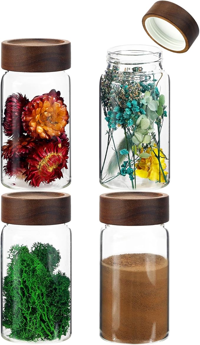 8 oz Small Glass Spice Jars with Airtight Wood Acacia Lid 4 PCS,Clear Coffee Ground Storage Canister Round Glass Spice Jar for Pantry Sugar Tea Bean Nuts Cookies Salts Seasoning