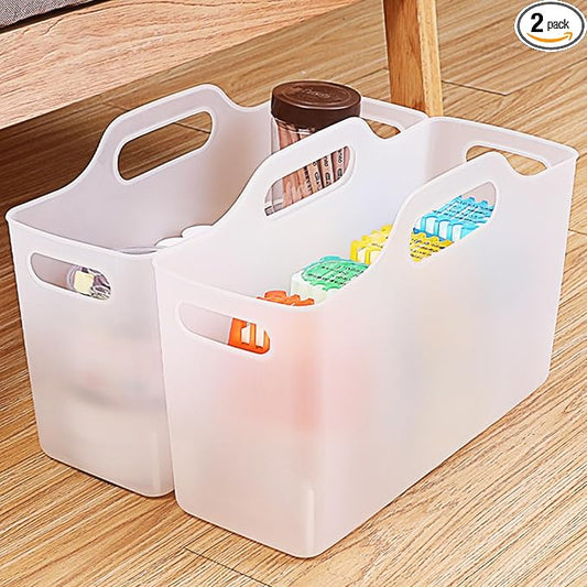 2 Pack Fridge Organizer Bins with Handle, PP Plastic Refrigerator Organizers and Storage for Kitchen, Laundry, Cabinets and Fridge, Translucent Pantry Organizers and Storage, 11” x 4.5” x 6.3”
