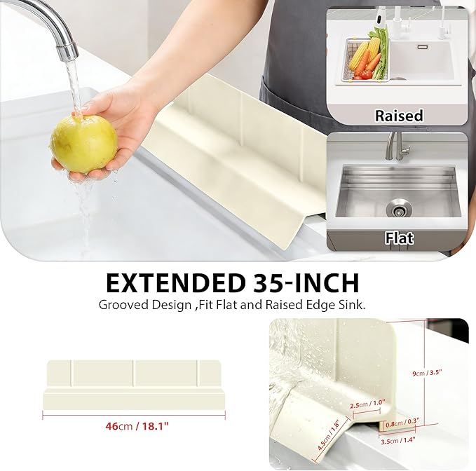 18Inch Sink Splash Guard – Extended Length & Tall Silicone Kitchen Sink Splash Guard with Overhang Drainage Design & Strong Suction Cups for Countertop (White, 18''x3.5'')