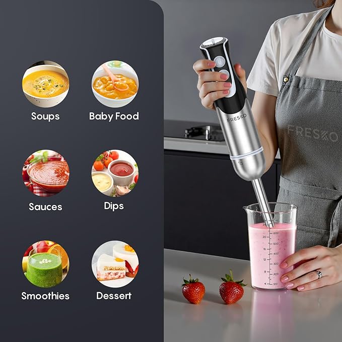 FRESKO Immersion Handheld Blender 500W with 700ml Beaker, 12-Speed & Turbo Mode Hand Blender Stick, 304 Stainless Steel Blades for Soup, Smoothie, Puree, Baby Food