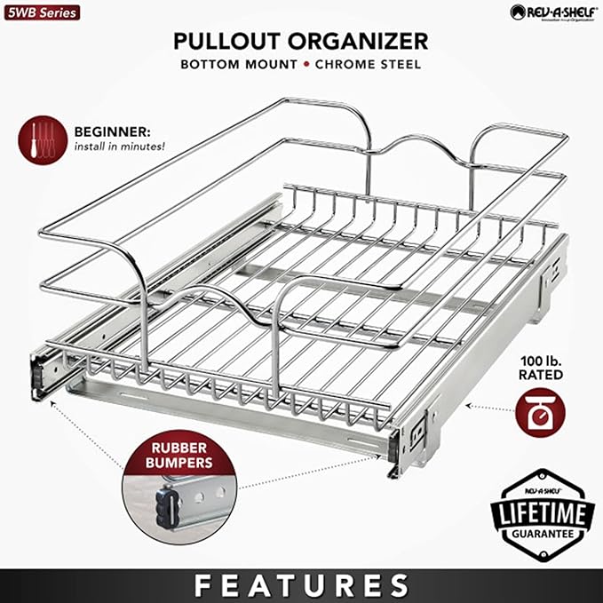 Rev-A-Shelf Steel Wire Pullout Drawer Organizer Shelf for Kitchen Cabinets, Slide Out Storage Basket, Min Opening Width of 14.5", 15" x 22", 5WB1-1522CR-1