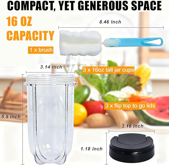 Poweka 16OZ Replacement Cups with Flip Top To-Go Lids Compatible with Magic Bullet 250W MB1001 Blenders Juicer Milk Juicer Mixer Accessories, 3 Packs Repalcement Parts with Brush
