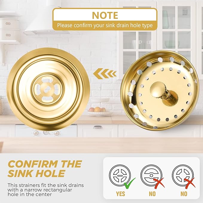 Retisee 2 Pcs Kitchen Sink Stopper Strainer Stainless Steel Drain Strainers for Universal 3-1/2 Inch Kitchen Sink Drain Replacement(Gold)