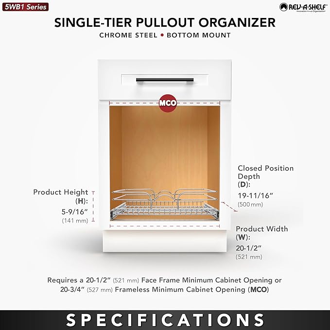 Rev-A-Shelf Steel Wire Pullout Drawer Organizer Shelf for Kitchen Cabinets, Slide Out Storage Basket, Min Opening Width of 20.5", 21" x 20", 5WB1-2120CR-1